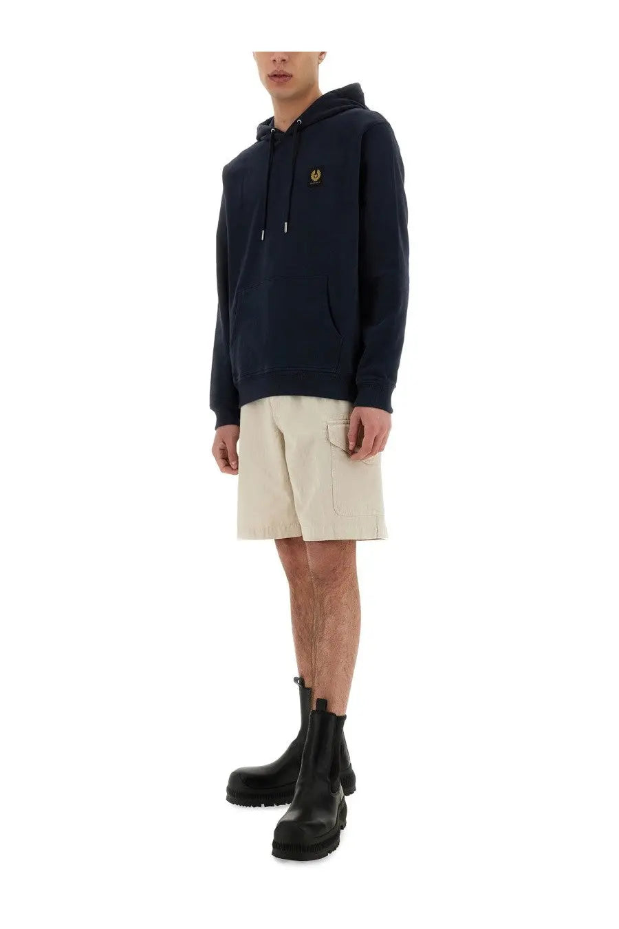 Belstaff men’s hoodie in navy blue with hood and small yellow logo on chest made from comfortable material