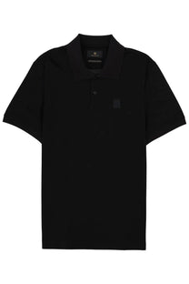 Belstaff men’s black polo shirt with subtle textured pattern and minimalist branding in steel con patch design