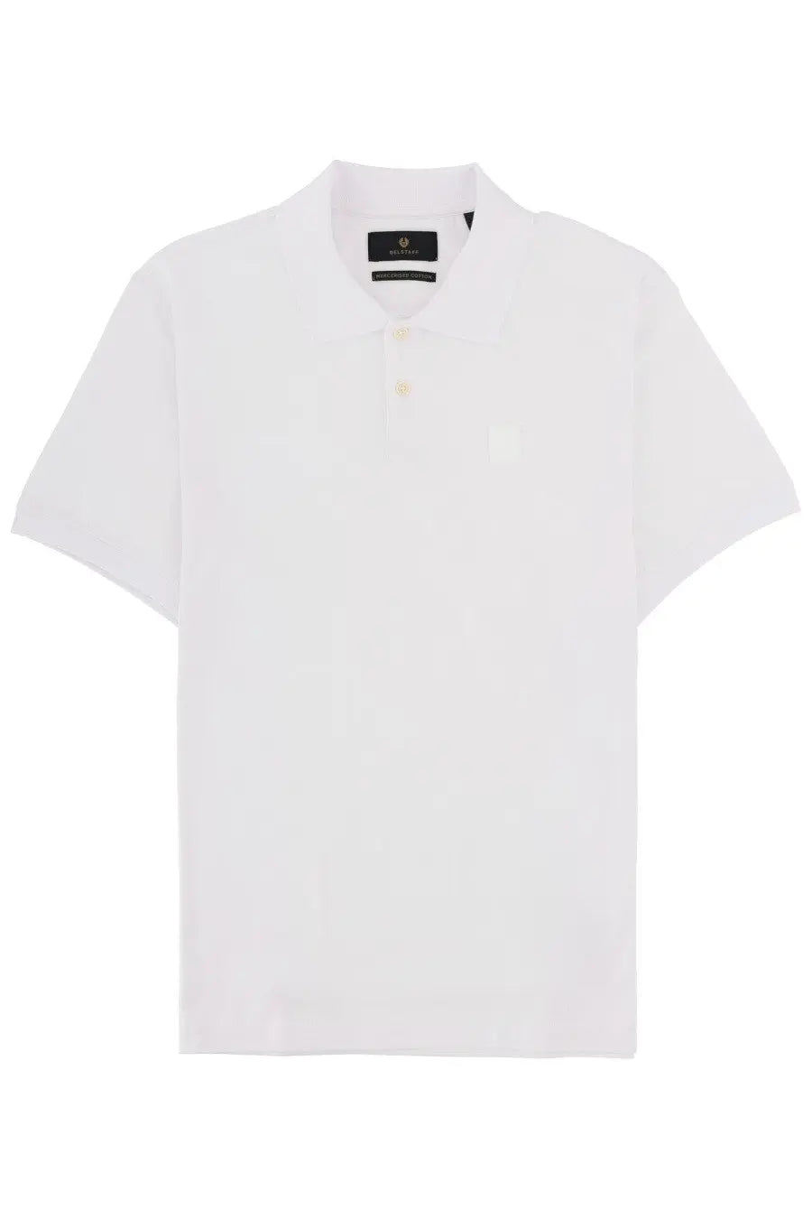 Belstaff men’s polo steel con patch white short-sleeved shirt with classic collar and subtle inner label branding