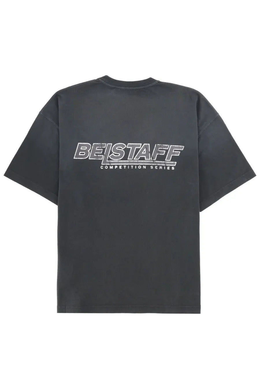 Back view of belstaff men’s con black dark gray competition series t-shirt with bold white distressed logo across back