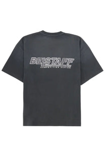 Back view of belstaff men’s con black dark gray competition series t-shirt with bold white distressed logo across back