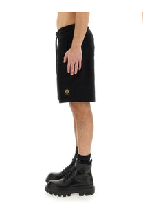 Belstaff men’s black cotton shorts featuring a gold embroidered logo on the left leg for casual wear