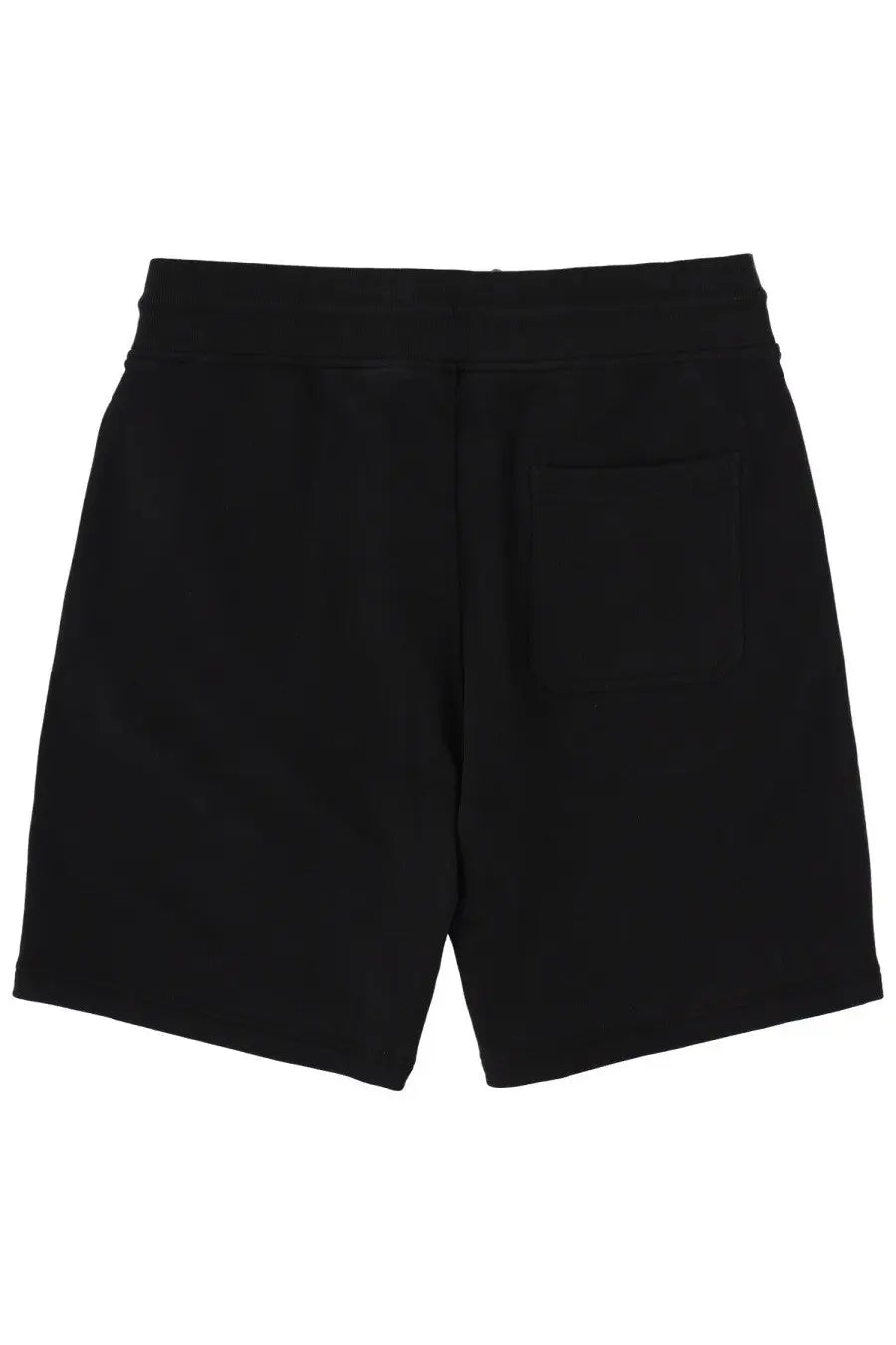 Black cotton belstaff men’s shorts with drawstring waistband and single back pocket shown from the back side