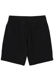 Black cotton belstaff men’s shorts with drawstring waistband and single back pocket shown from the back side