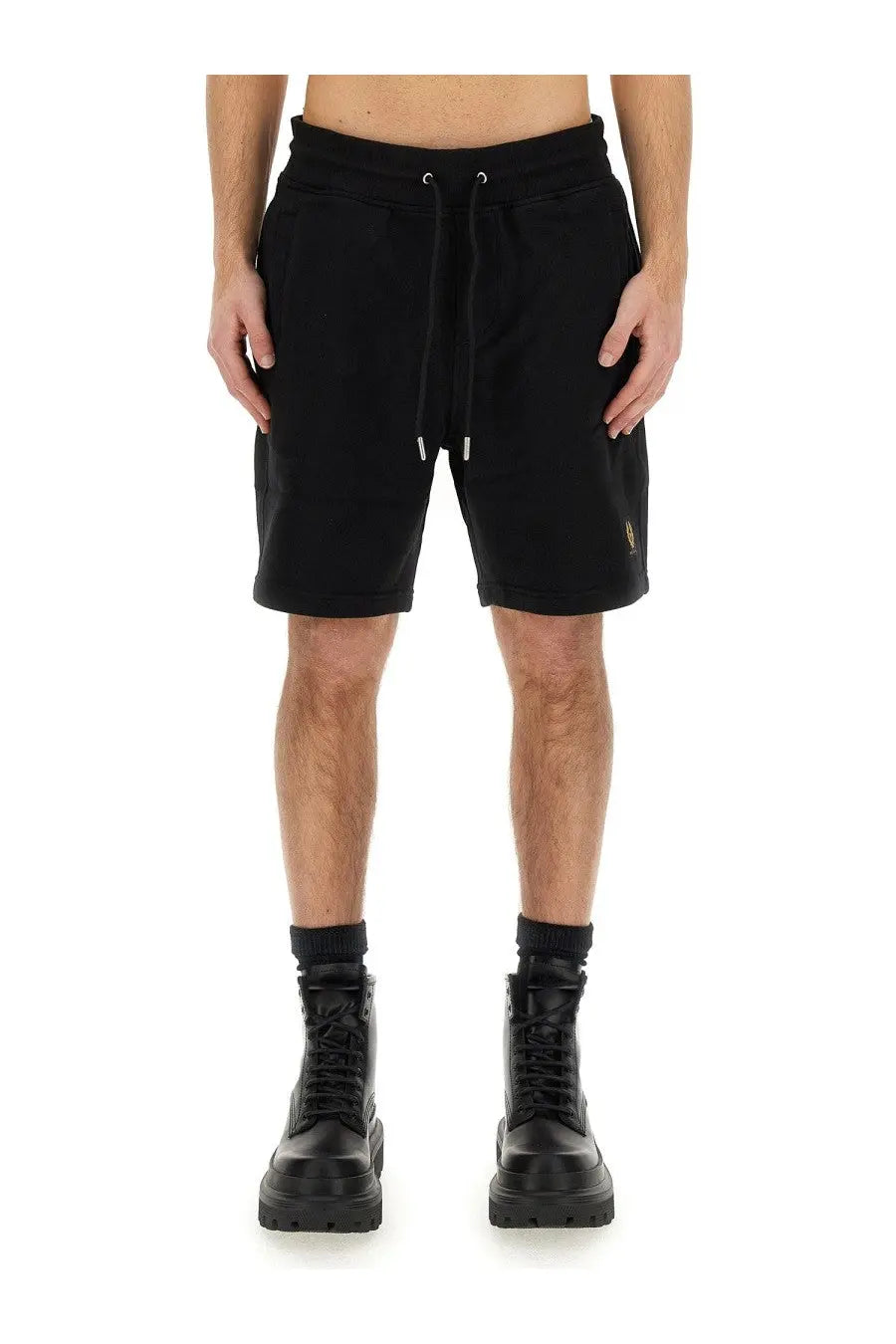 Belstaff men’s black cotton shorts with a drawstring waistband and subtle gold logo on the side