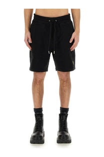 Belstaff men’s black cotton shorts with a drawstring waistband and subtle gold logo on the side
