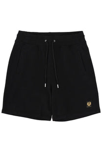 Belstaff men’s black drawstring shorts featuring a small gold and black logo patch on the lower right leg