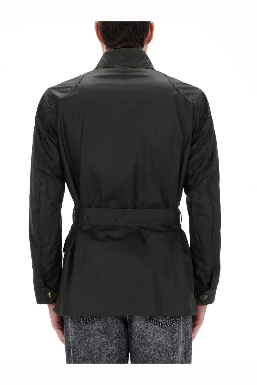 Belstaff men’s Trialmaster jacket black with belted waist and structured shoulders in durable waxed cotton material