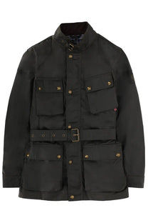 Belstaff men’s trialmaster field jacket in black with brass buttons and matching belt buckle