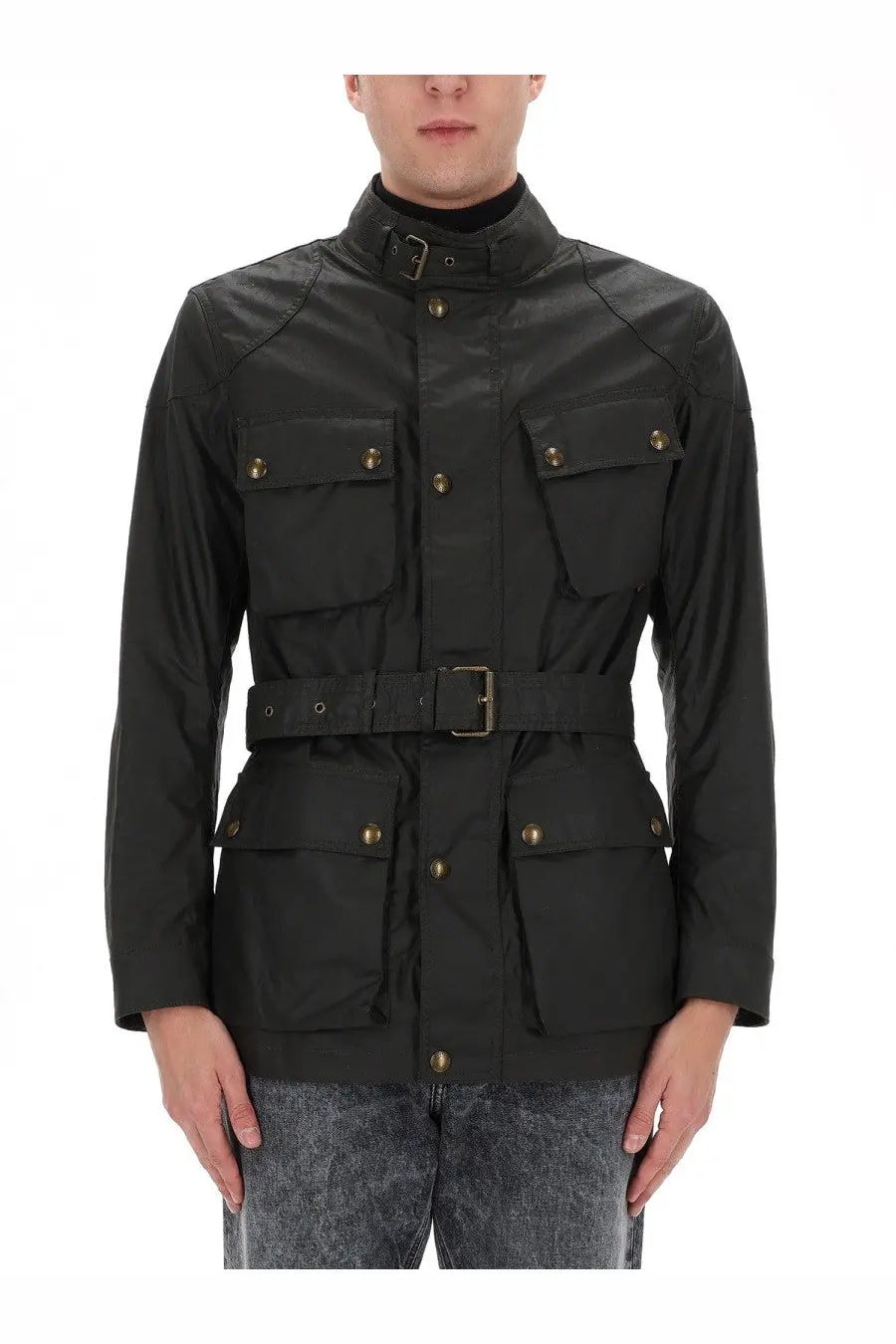 Belstaff men’s trialmaster jacket black with brass buttons and a belted waist in durable field jacket style