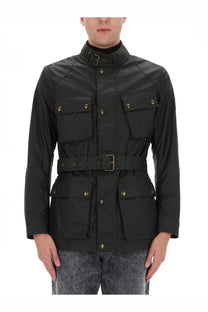 Belstaff men’s trialmaster jacket black with brass buttons and a belted waist in durable field jacket style
