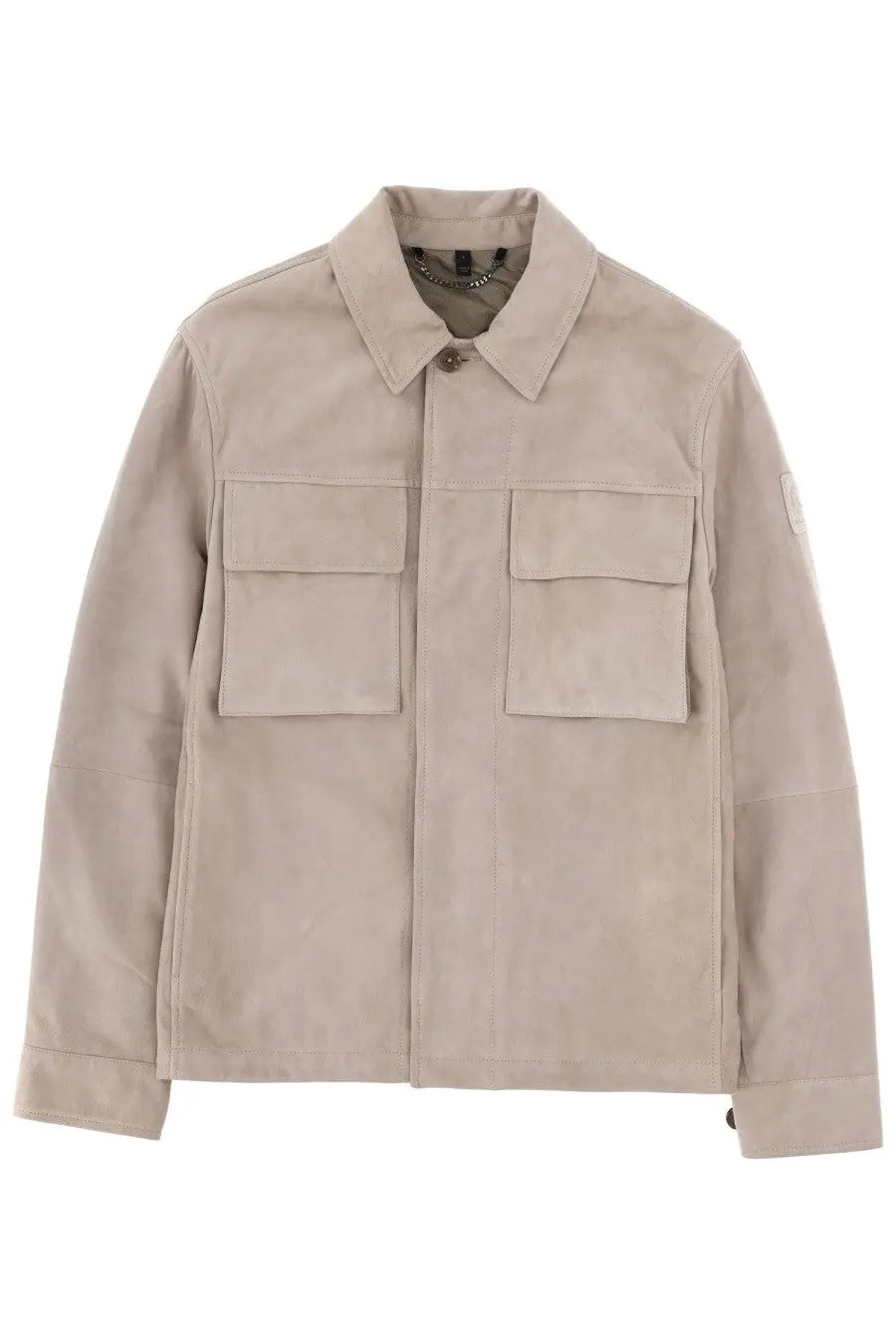 Belstaff men’s waymark jacket beige featuring a beige suede utility design with two front flap pockets and buttoned collar