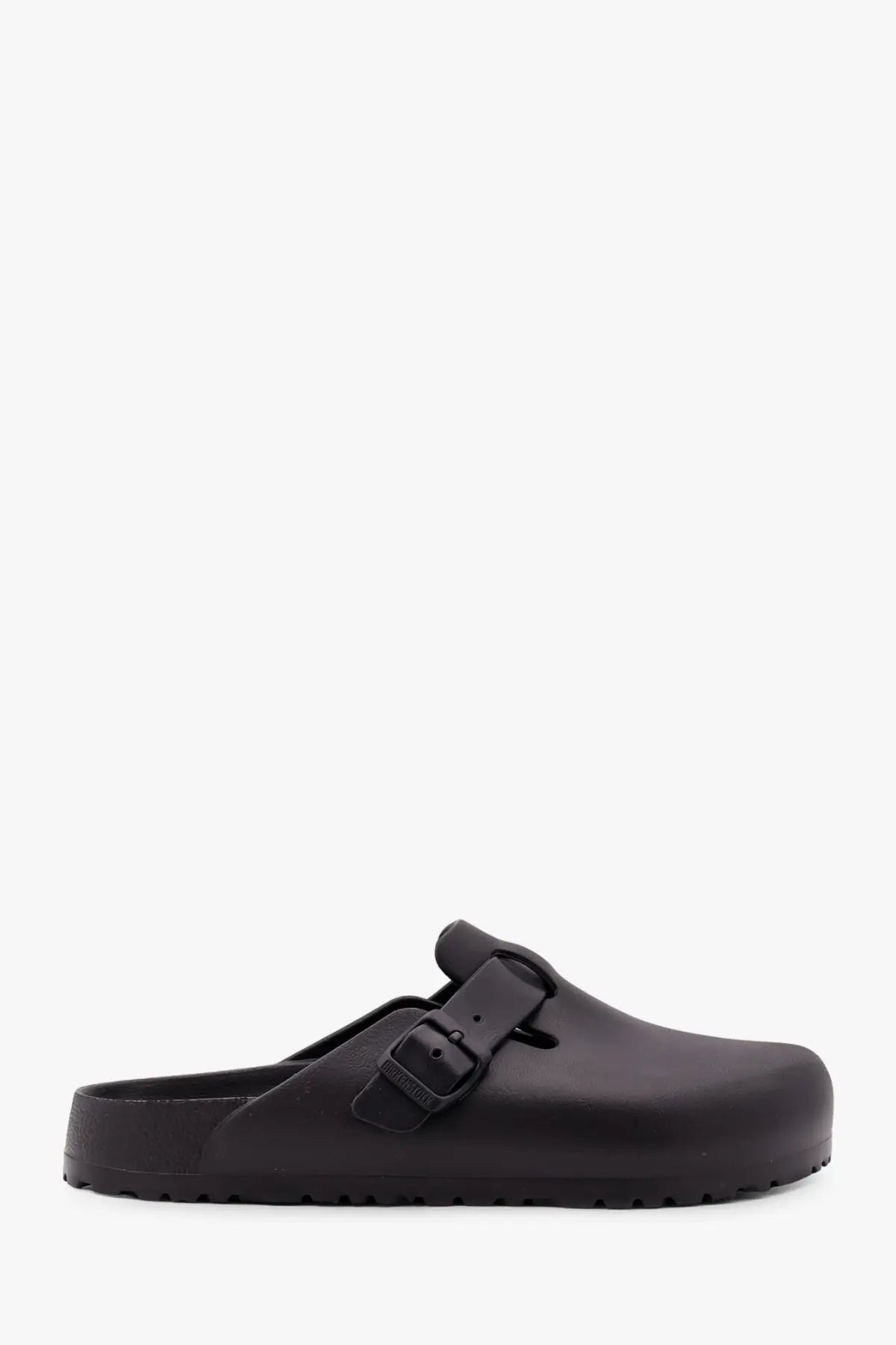Birkenstock men’s boston leather sandals in black with matte finish and dual strap buckle design