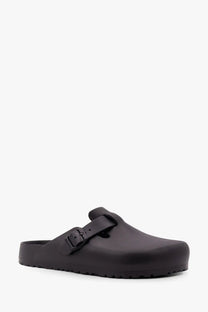 Birkenstock men’s boston leather clog sandal in black with single strap and buckle for casual wear
