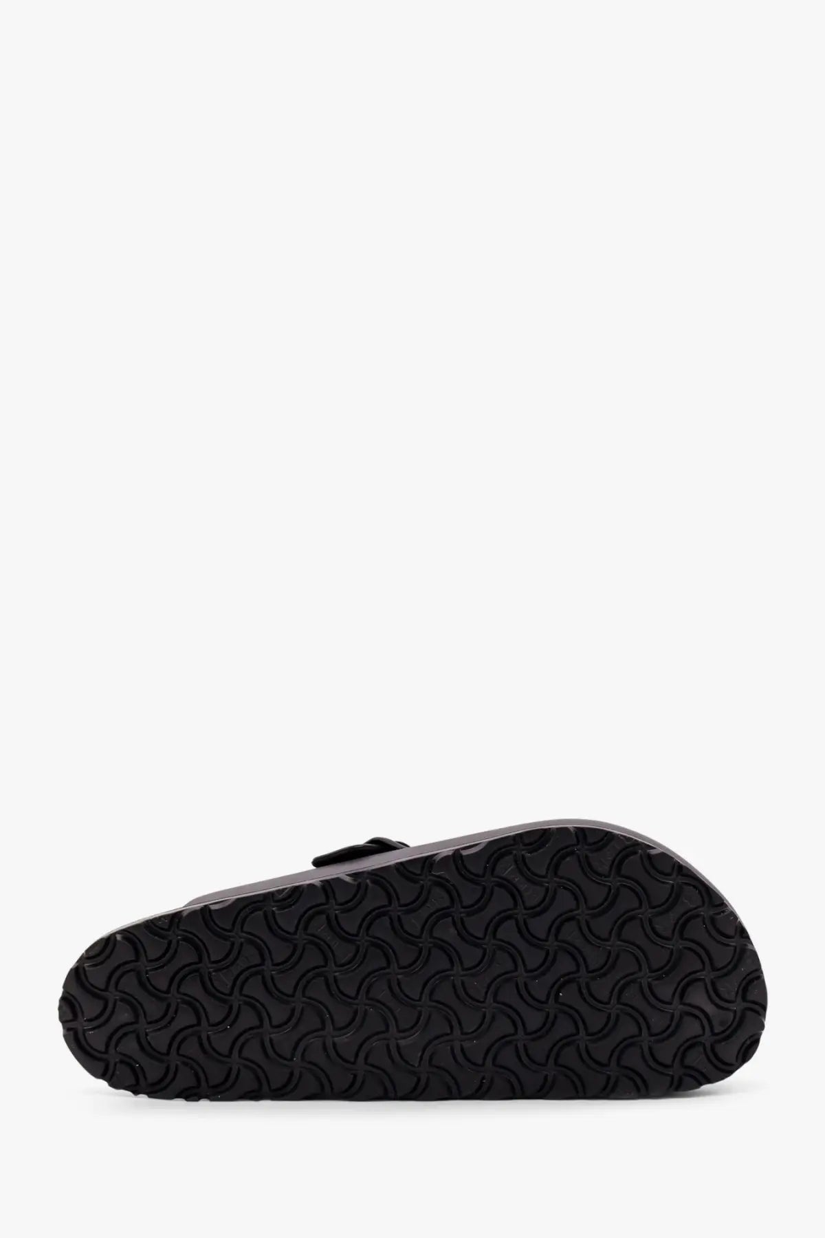 Black rubber sole with distinctive wavy tread on birkenstock men’s boston leather sandals black back side view