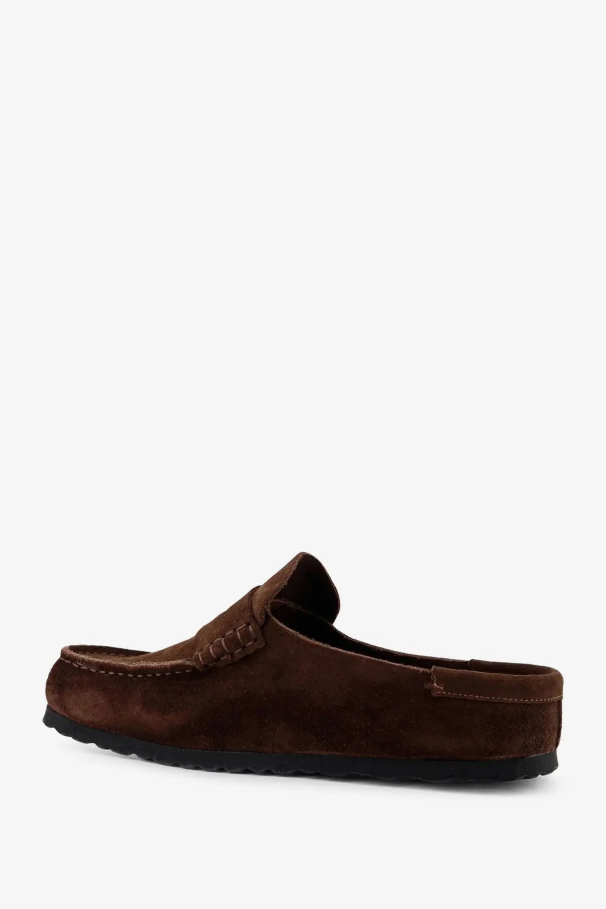 Birkenstock men’s Naples brown suede moccasin sandal with braided leather detail and black rubber sole carafe color