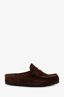 Birkenstock men’s Naples suede sandals in carafe brown with braided leather strap across the toe