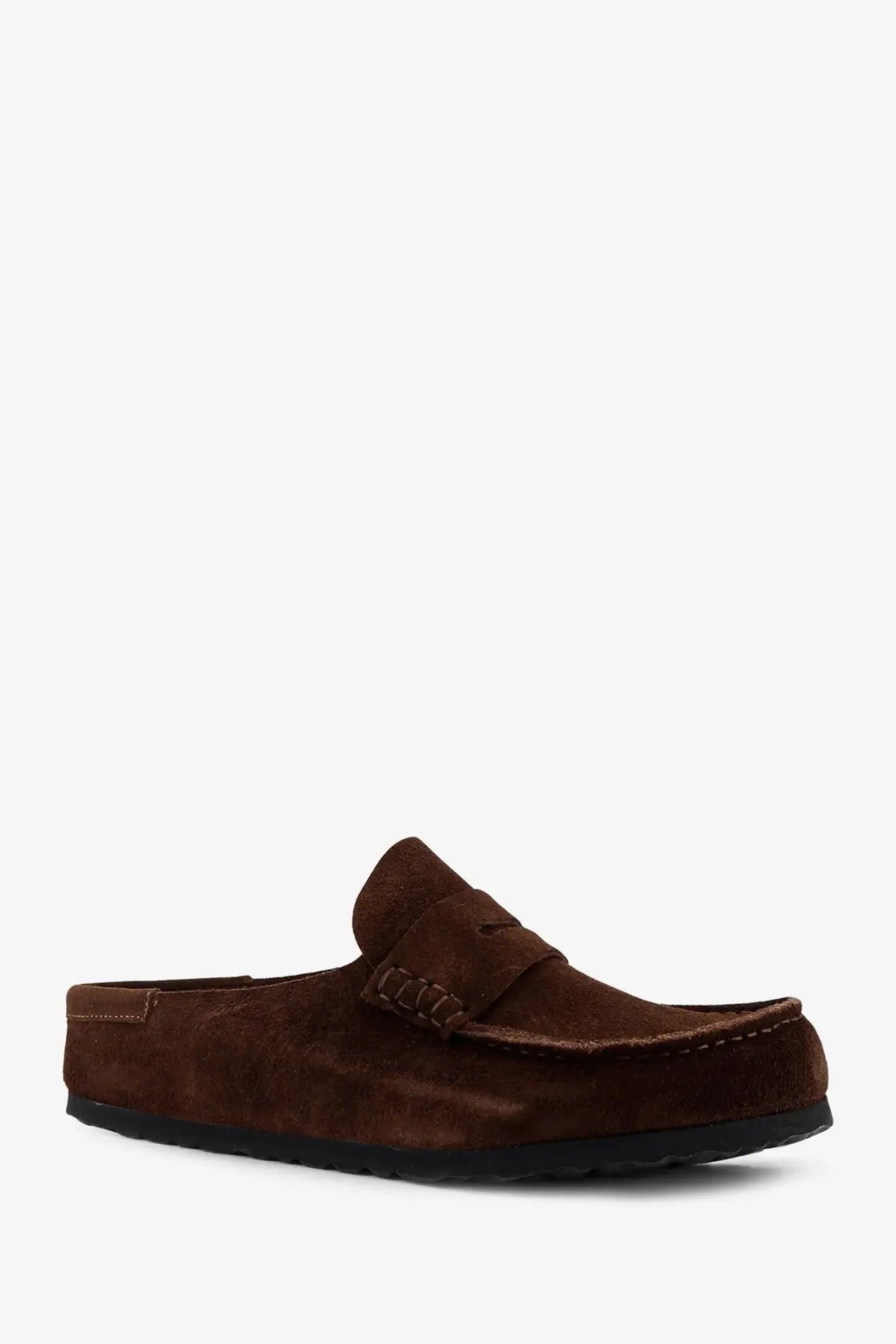 Birkenstock men’s naples suede sandals in carafe brown with moccasin loafer slip-on design and black rubber sole