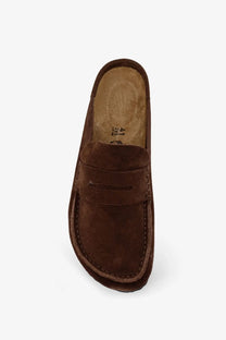 Birkenstock men’s naples suede sandals in carafe brown slip-on moccasin with classic penny loafer design and stitching