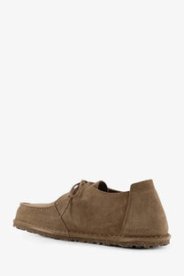 Birkenstock men’s suede lace grey moccasin shoe in tan with stitched leather sole and classic lace up design