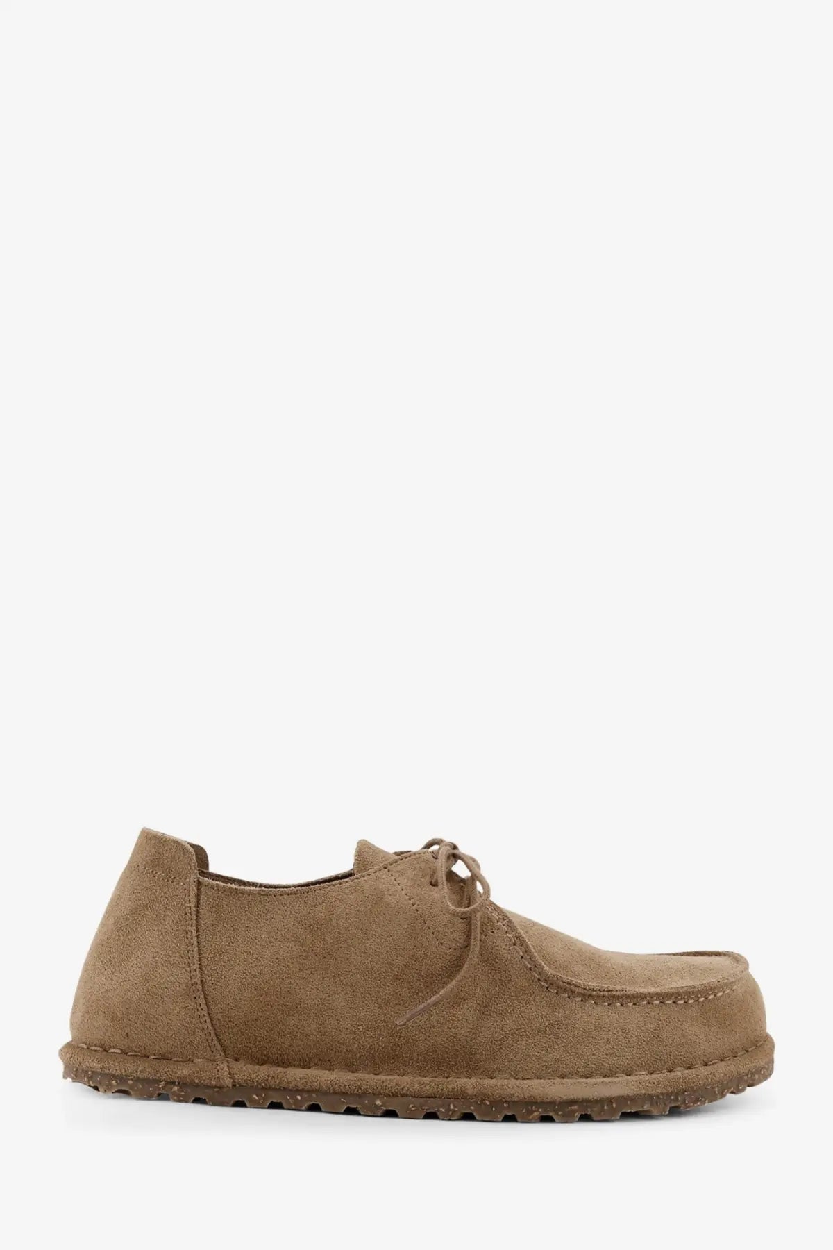Birkenstock men’s suede lace grey shoe with tan suede upper and rubber sole in birkenstock-style design