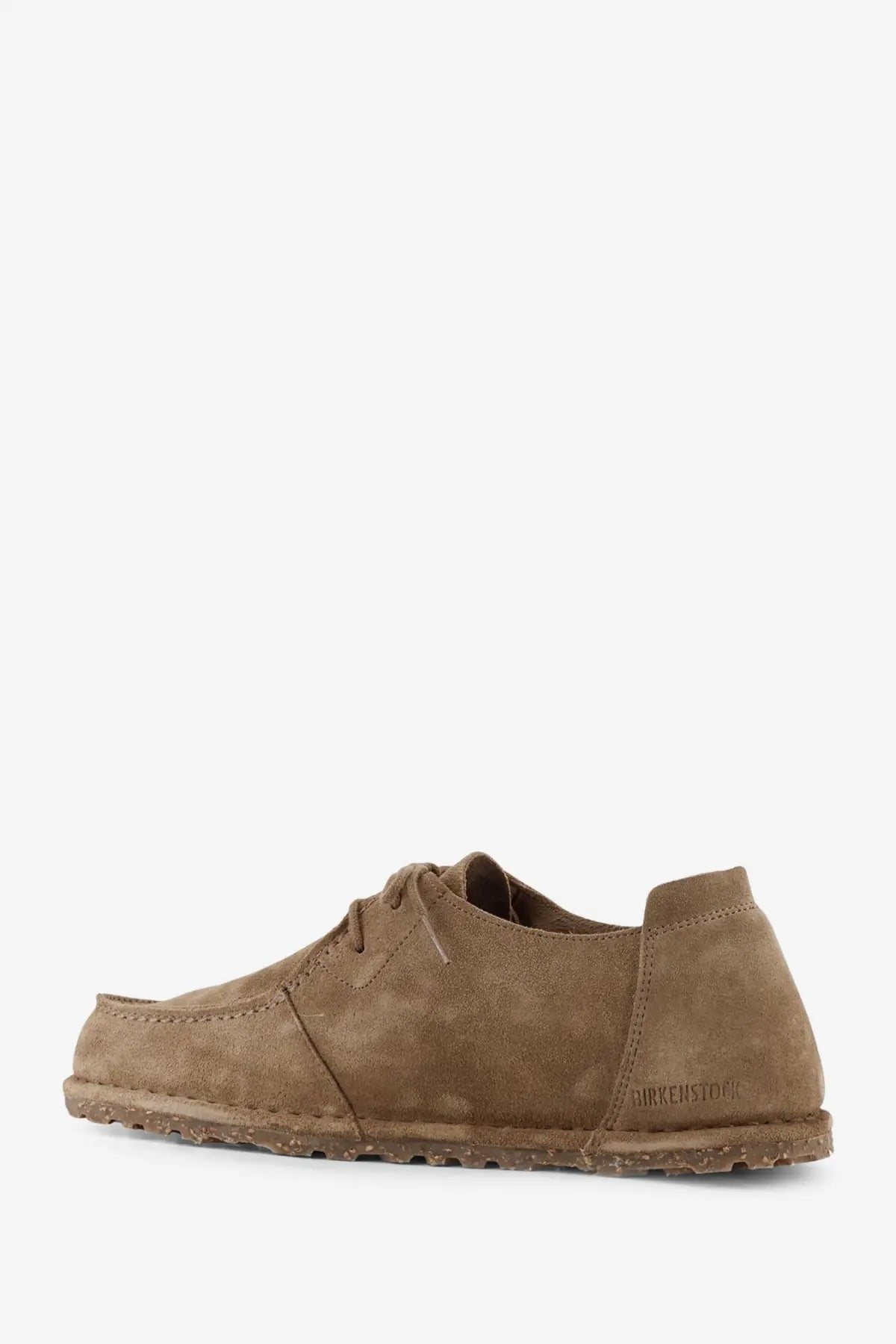 Birkenstock men’s Utti suede lace up shoe in beige tan with moccasin style and cork sole
