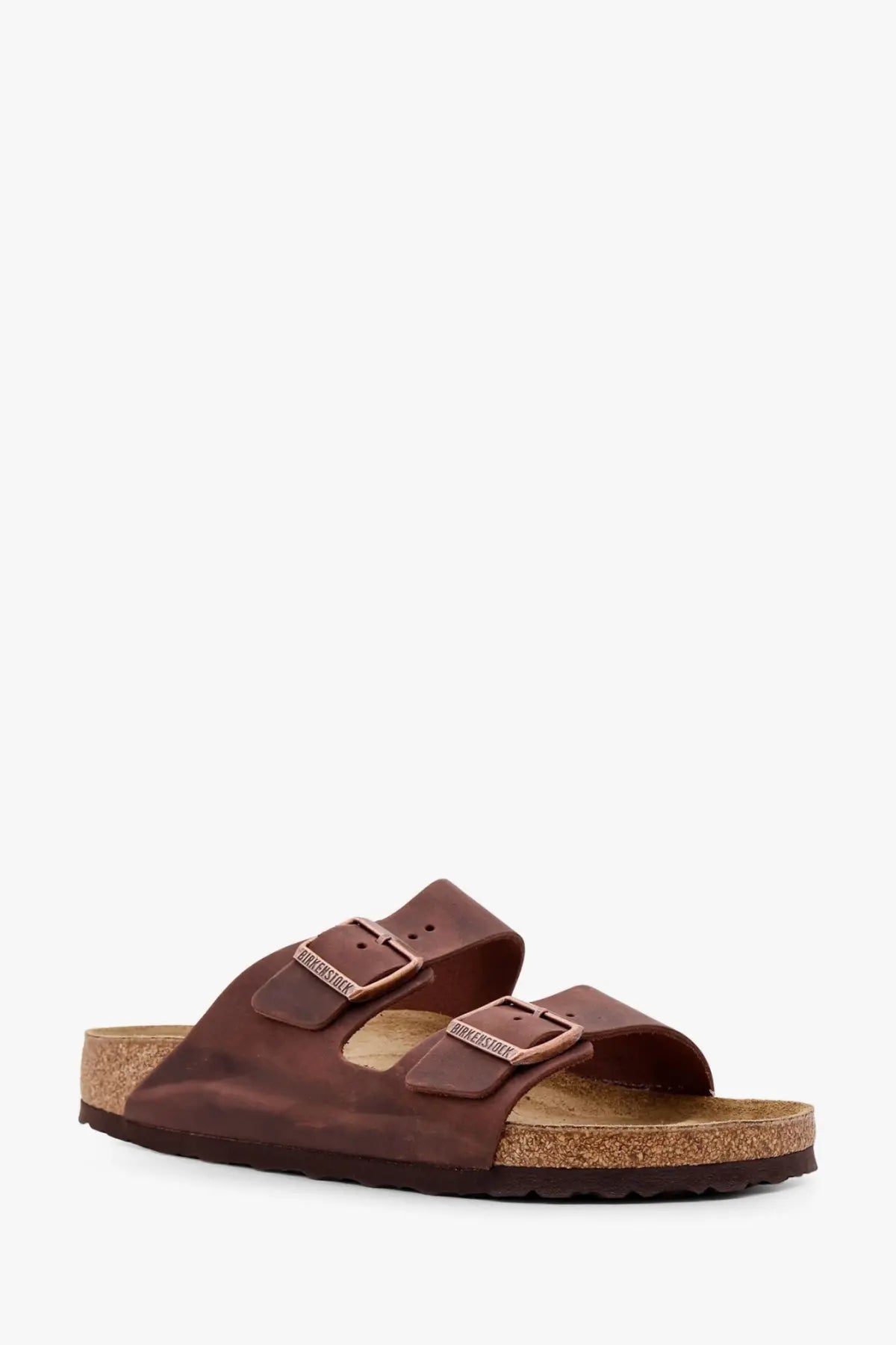 Brown leather birkenstock arizona unisex sandals with two adjustable straps and cork footbed