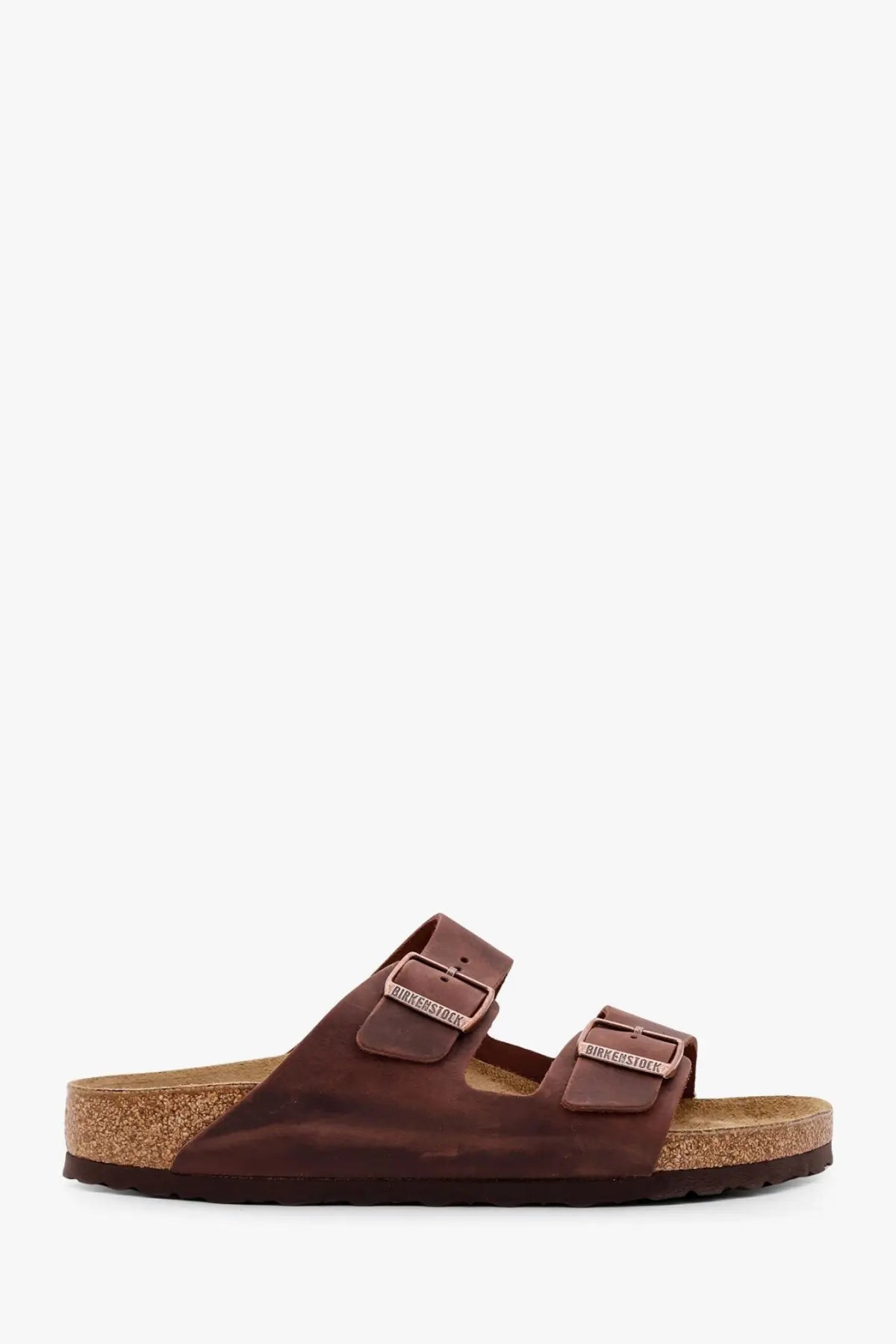 Birkenstock unisex arizona brown leather sandals with two adjustable straps and cork footbed front view