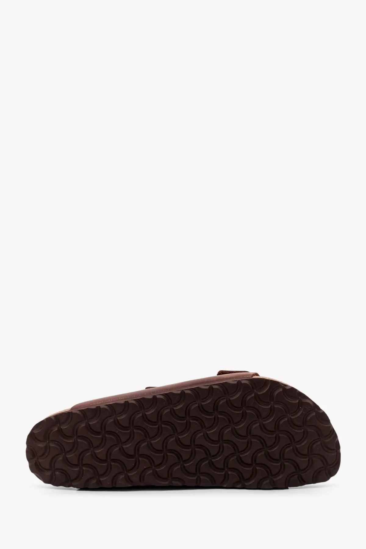 Birkenstock unisex arizona brown leather sandal with textured rubber sole shown from the back side