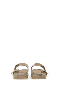 Beige leather birkenstock unisex eva arizona sandals with two adjustable straps and contoured footbed in grey