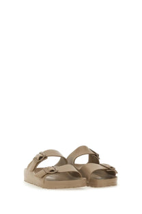 Beige birkenstock unisex eva arizona platform sandals with two adjustable buckle straps in grey material