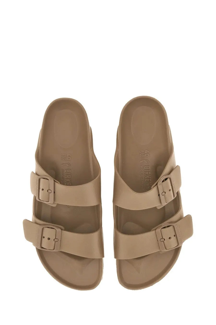 Beige birkenstock unisex eva arizona sandal with two adjustable straps and a contoured footbed in grey