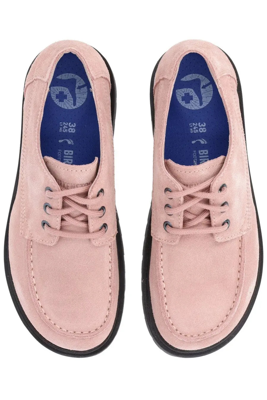 Pair of pink suede birkenstock mocassino highwood lace-up shoes with black soles and blue insoles featuring logo