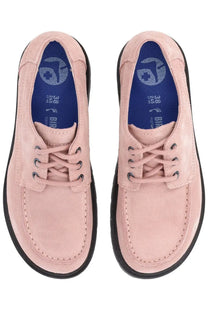 Pair of pink suede birkenstock mocassino highwood lace-up shoes with black soles and blue insoles featuring logo
