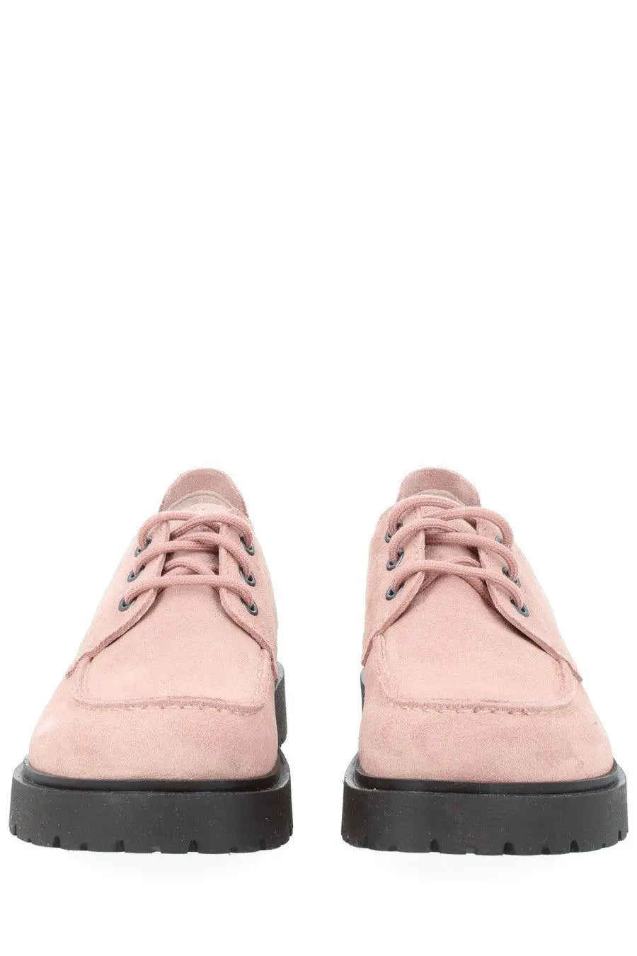 Birkenstock unisex mocassino highwood moc pink suede lace-up shoes with black rubber soles front view