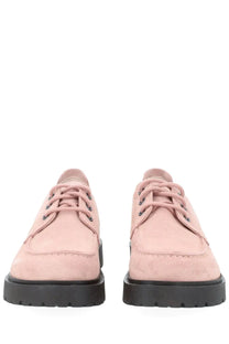 Birkenstock unisex mocassino highwood moc pink suede lace-up shoes with black rubber soles front view