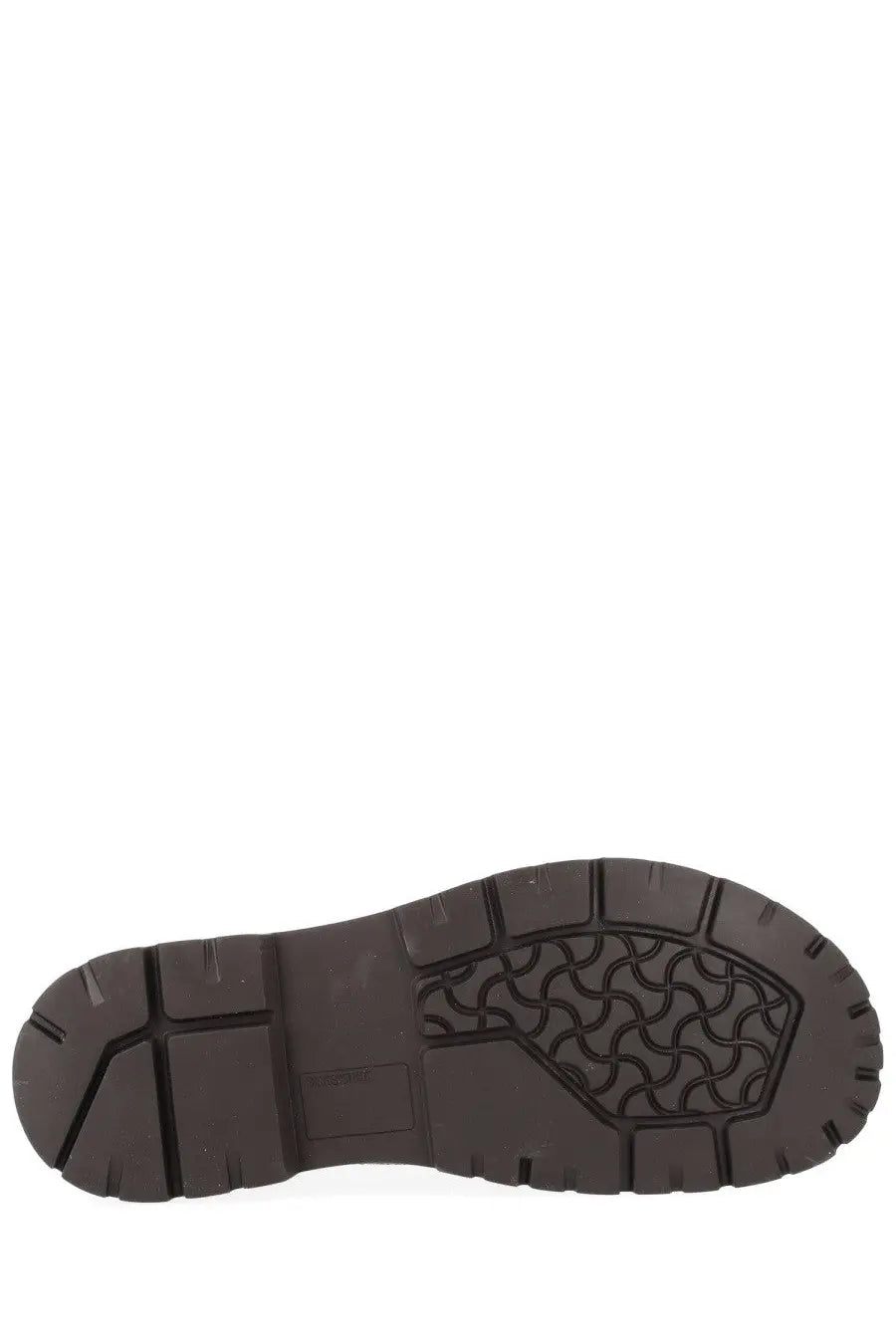 Dark brown rubber sole with textured tread for grip on back of birkenstock unisex moccasin highwood moc lace low beige