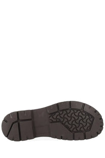 Dark brown rubber sole with textured tread for grip on back of birkenstock unisex moccasin highwood moc lace low beige