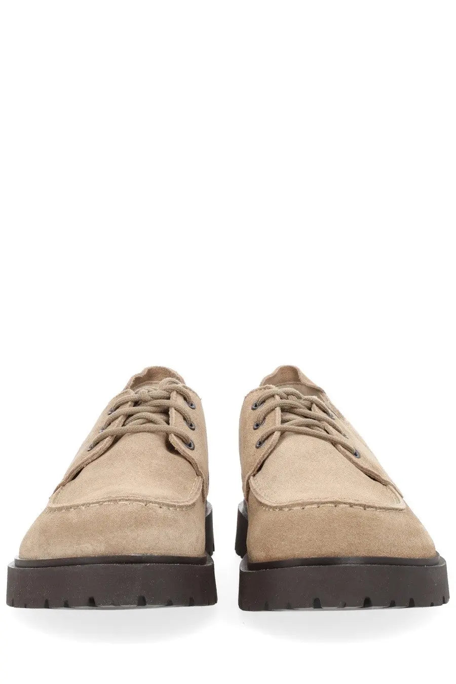 Birkenstock unisex beige suede moccasin highwood moc lace low shoes with dark brown rubber soles and lace-up design