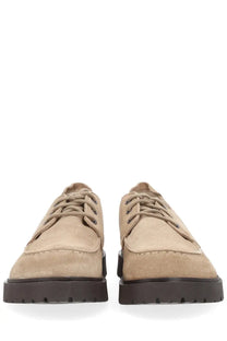 Birkenstock unisex beige suede moccasin highwood moc lace low shoes with dark brown rubber soles and lace-up design