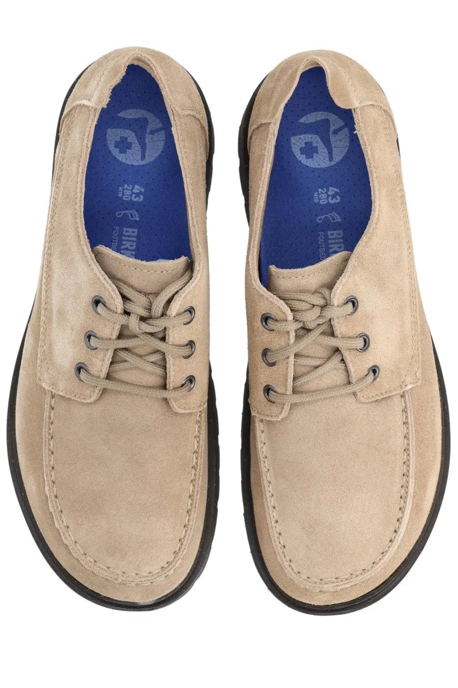 Birkenstock unisex moccasin highwood moc lace low beige suede lace-up shoes with black soles and blue insoles logo