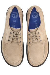 Birkenstock unisex moccasin highwood moc lace low beige shoes in beige suede with black soles and blue insoles featuring logo