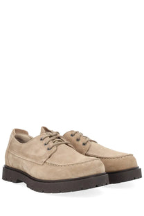 Beige suede birkenstock unisex moccasin highwood moc lace low shoes with chunky black rubber sole