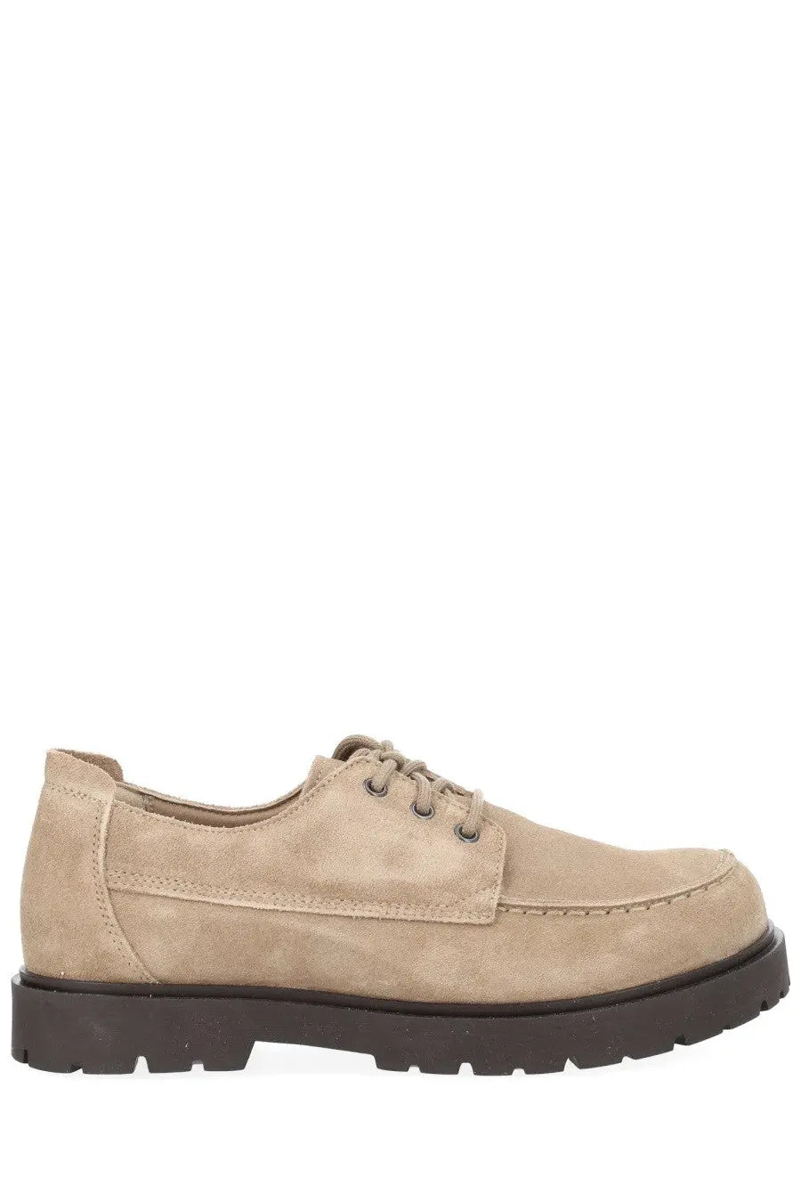 Beige suede birkenstock unisex moccasin highwood moc lace low shoe with dark brown rubber sole
