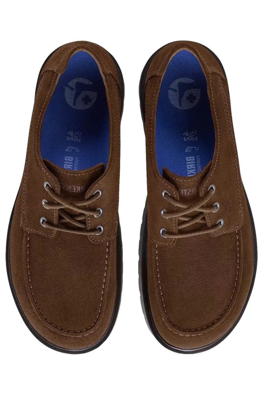 Birkenstock unisex moccasin highwood moc lace low brown brown suede slip-on shoes with tan laces and blue insole