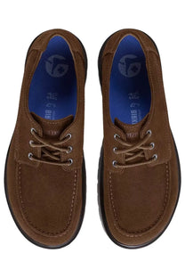 Birkenstock unisex moccasin highwood moc lace low brown brown suede slip-on shoes with tan laces and blue insole