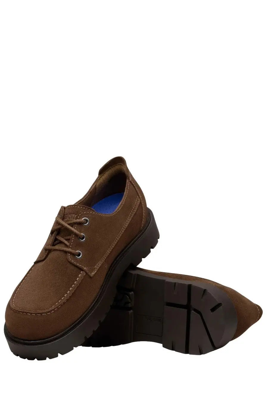 Birkenstock unisex moccasin highwood moc lace low brown suede lace-up shoes with chunky black rubber sole and silver eyelets