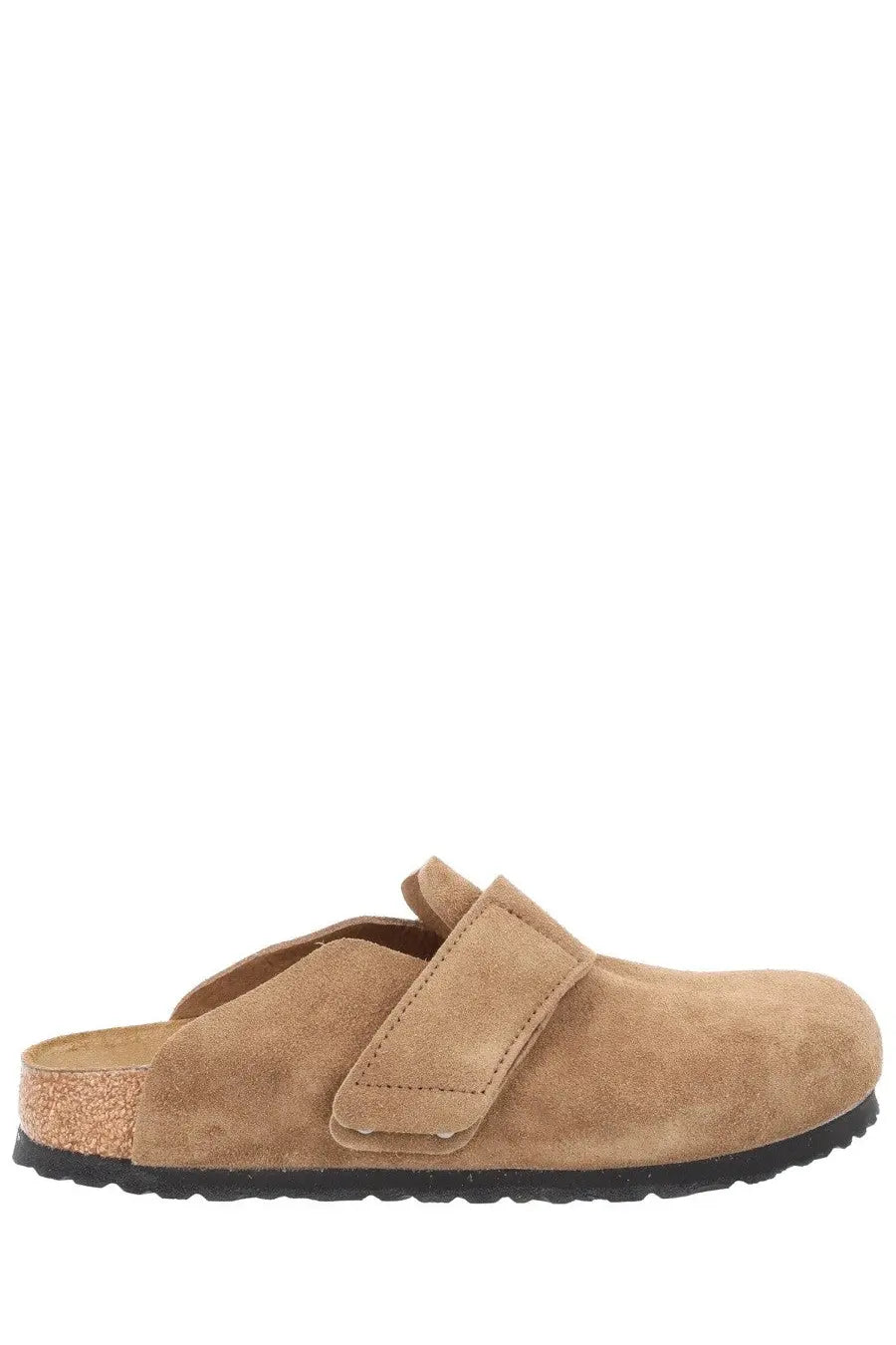Birkenstock unisex mule loma brown tan suede clog with cork footbed and black rubber sole front view