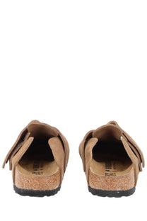 Birkenstock unisex mule loma brown tan suede clogs with cork footbed and black rubber sole