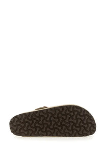 Birkenstock unisex sabot boston beige with brown rubber sole wavy pattern beige upper and metallic buckle